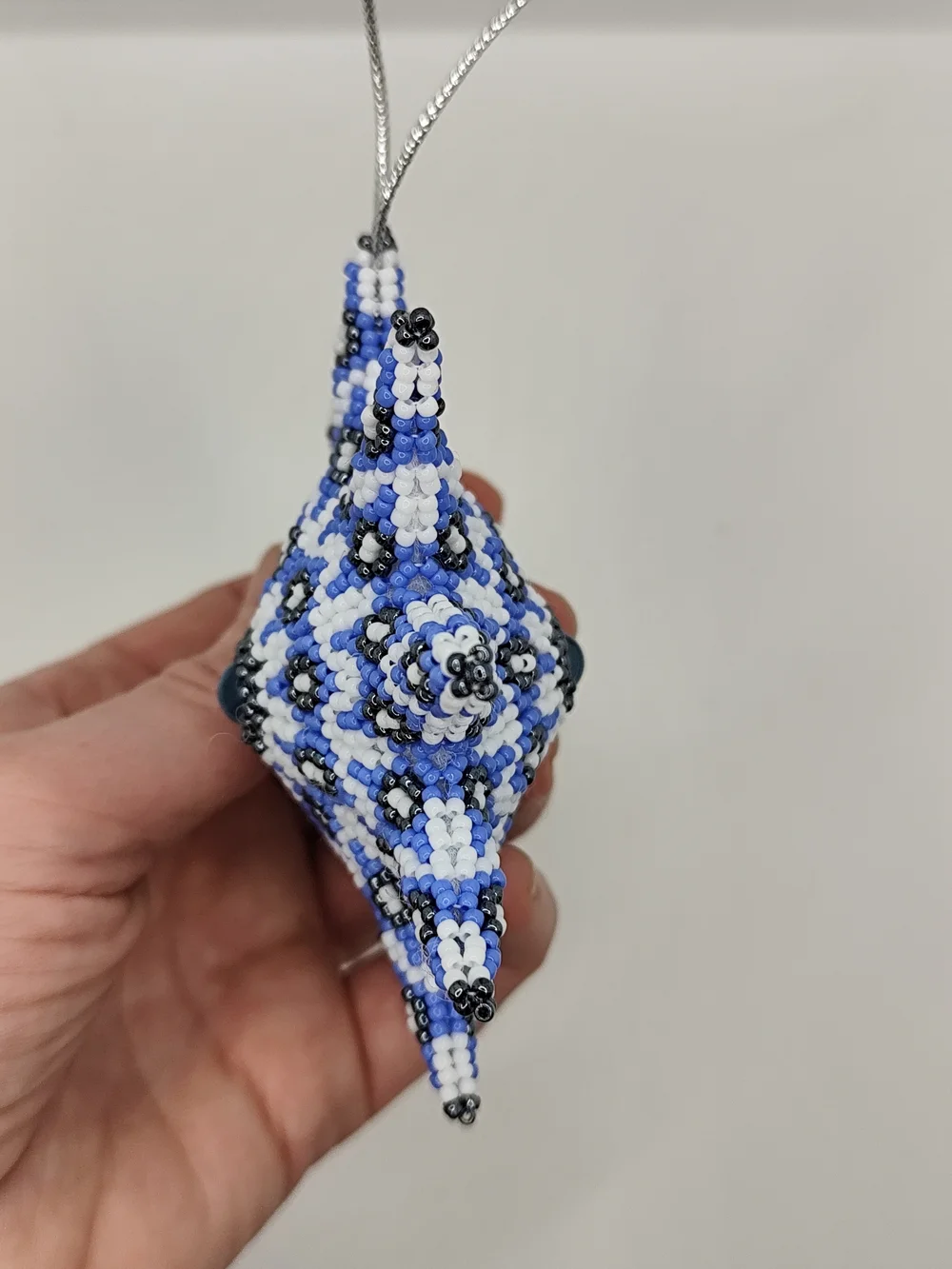 Beaded Starburst Ornament in Blue, White & Black - Holiday Hanging Decoration
